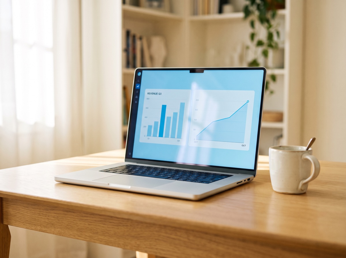 A laptop on a clean desk displaying revenue bar charts and an upward growth graph