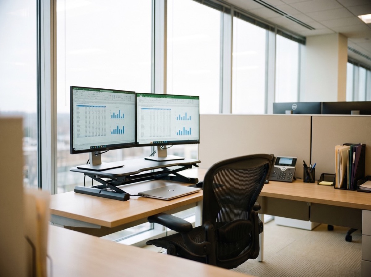A dual-monitor accounting workstation displaying financial spreadsheets and charts in a bright office